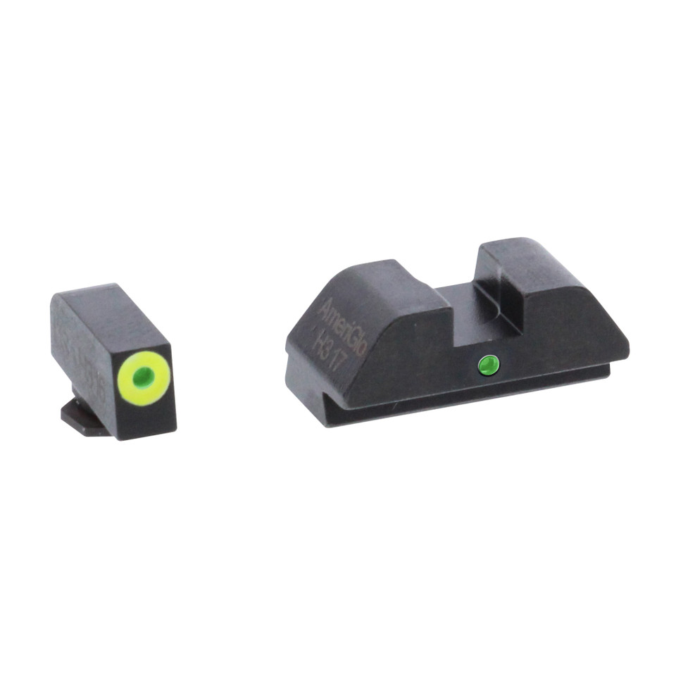 AmeriGlo I-Dot green tritium night sights for Glock 42 and 43 with dot-over-dot vertical alignment and LumiGreen front outline.