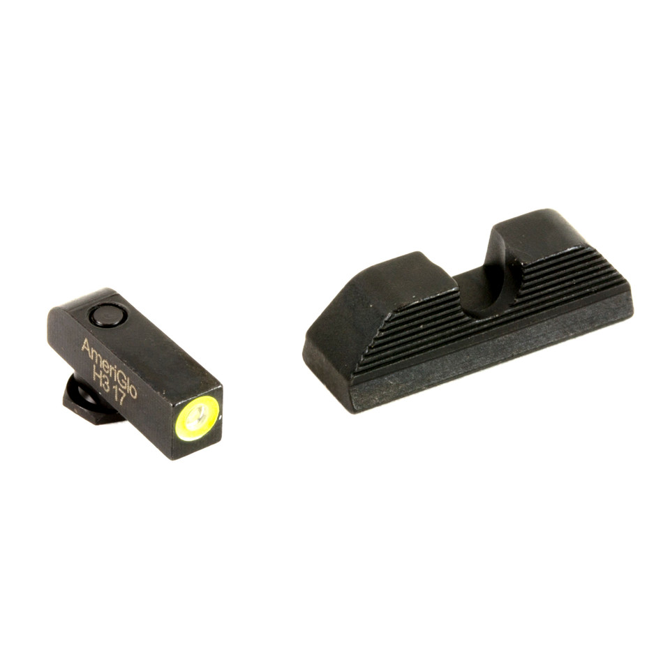 AmeriGlo UC night sight set for Glock with LumiGreen front outline and black serrated U-notch rear for rapid target acquisition.