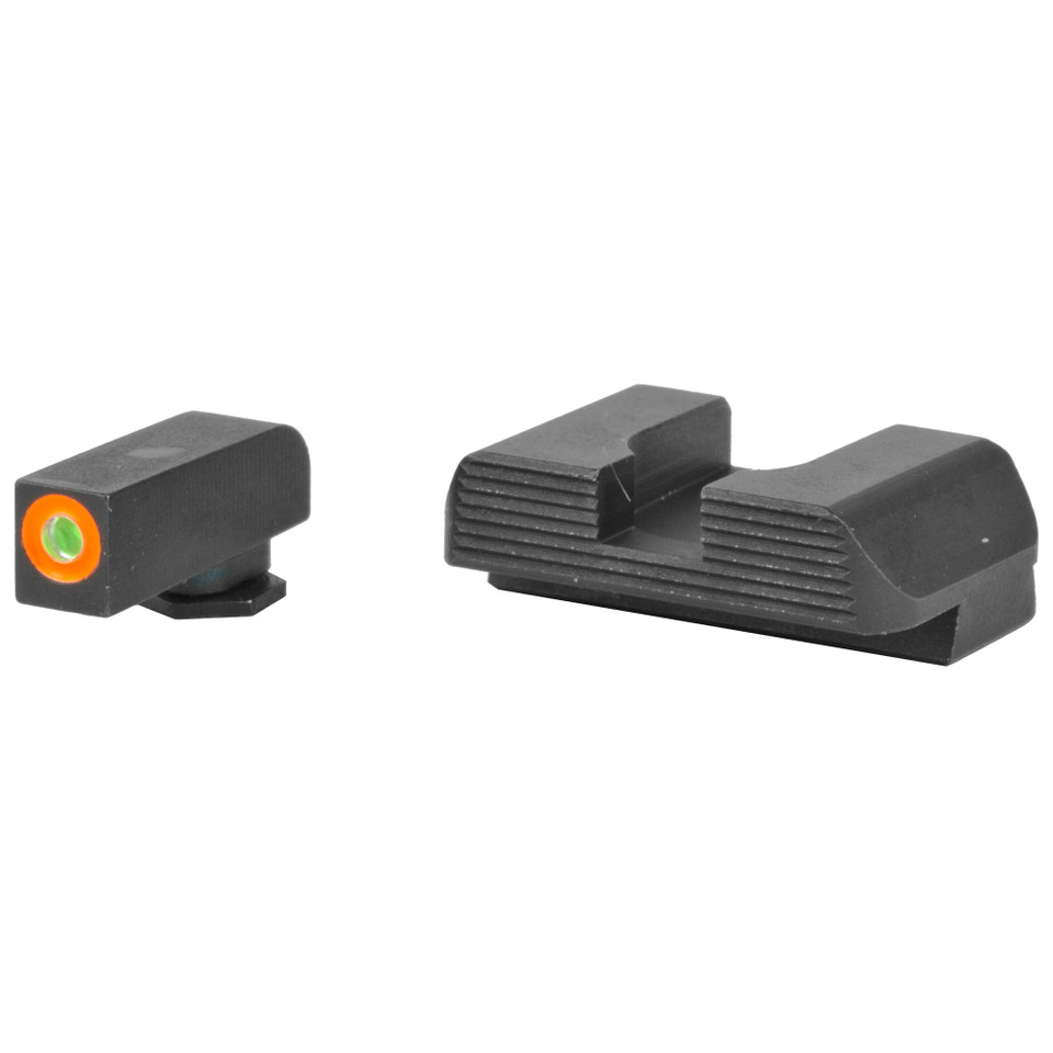 AmeriGlo Protector sights for Glock 43 with orange ProGlo tritium front post and black serrated square notch rear sight.