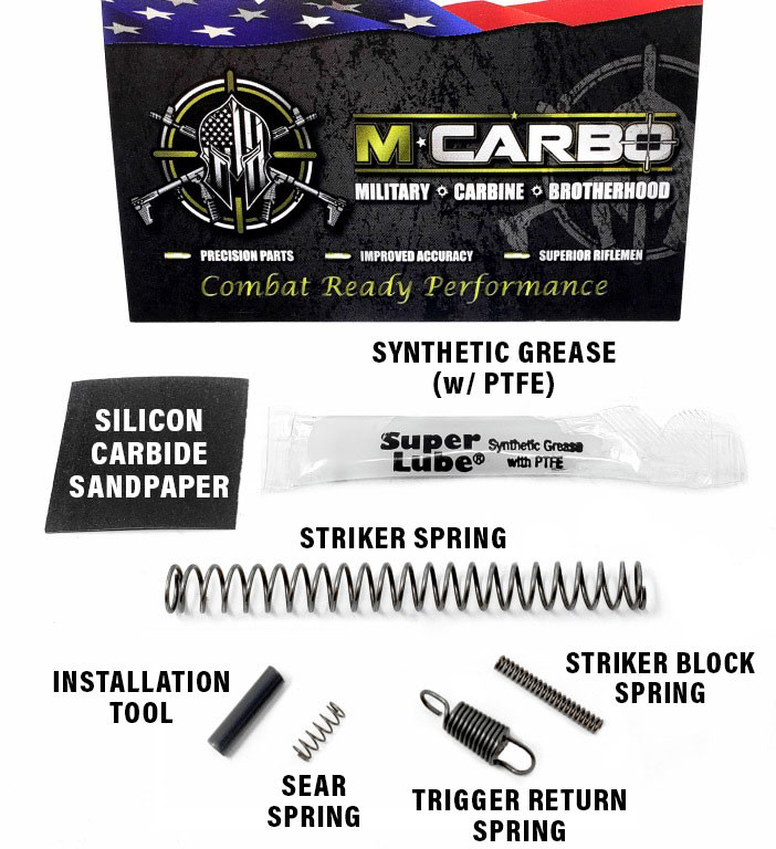 Upgrade your Smith & Wesson M&P 1.0 or 2.0 with the M*CARBO Trigger Kit for ~50% lighter pull (from ~6.75 lbs to ~3.75 lbs average). Includes custom springs, installation tool, sandpaper, and grease. Compatible with 9mm, .357, .40, .45 ACP. Made in USA with lifetime guarantee and same-day shipping. Improve accuracy, smoothness, and performance today.