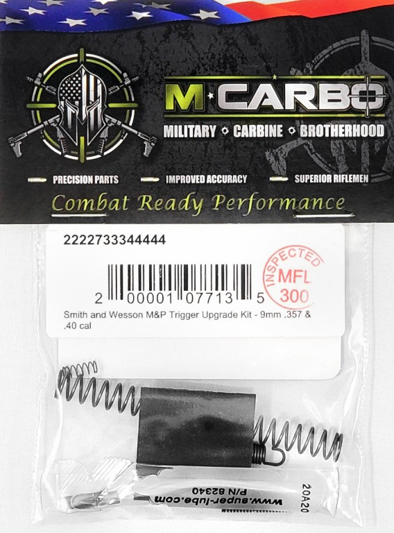 Upgrade your Smith & Wesson M&P 1.0 or 2.0 with the M*CARBO Trigger Kit for ~50% lighter pull (from ~6.75 lbs to ~3.75 lbs average). Includes custom springs, installation tool, sandpaper, and grease. Compatible with 9mm, .357, .40, .45 ACP. Made in USA with lifetime guarantee and same-day shipping. Improve accuracy, smoothness, and performance today.