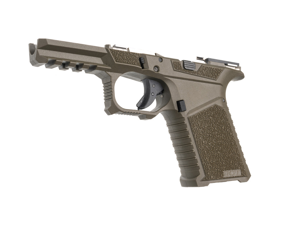 SCT Manufacturing Compact Polymer Frame with aggressive grip, OD Green finish, Picatinny rail, flared mag well. Compatible with Gen3 Glock 19, 23, 32, multi-caliber support. Buy at Terran Gear USA.