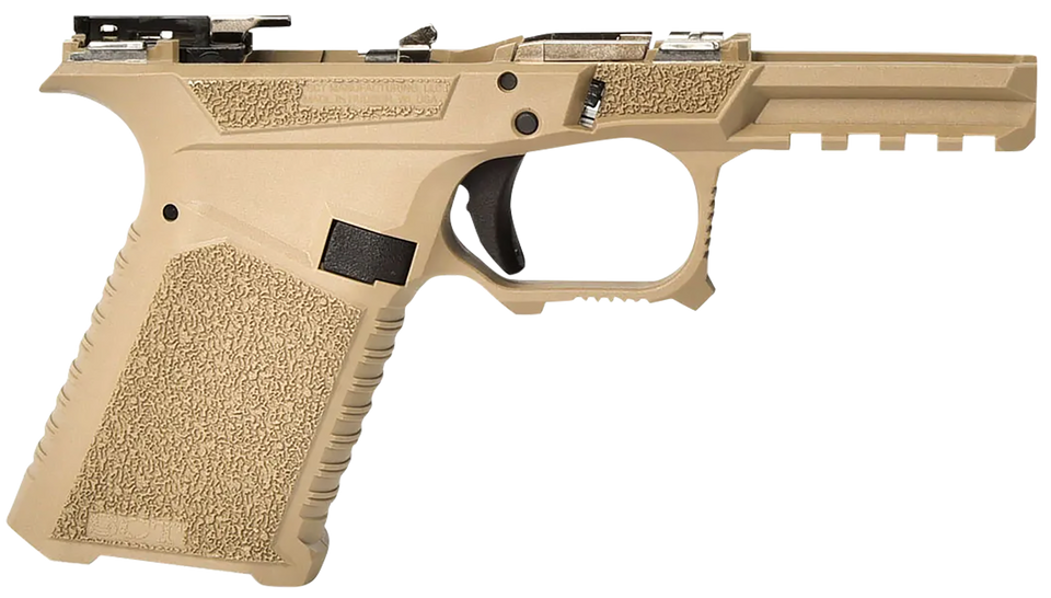 SCT Manufacturing Compact Polymer Frame in Flat Dark Earth with aggressive grip texture and Picatinny rail. Compatible with Gen3 Glock 19, 23, 32. Shop Terran Gear USA.