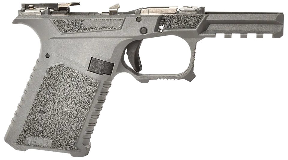 SCT Manufacturing Compact Polymer Frame in Gray with aggressive grip texture and Picatinny rail. Compatible with Gen3 Glock 19, 23, 32. Ships to FFL only. Shop Terran Gear USA.