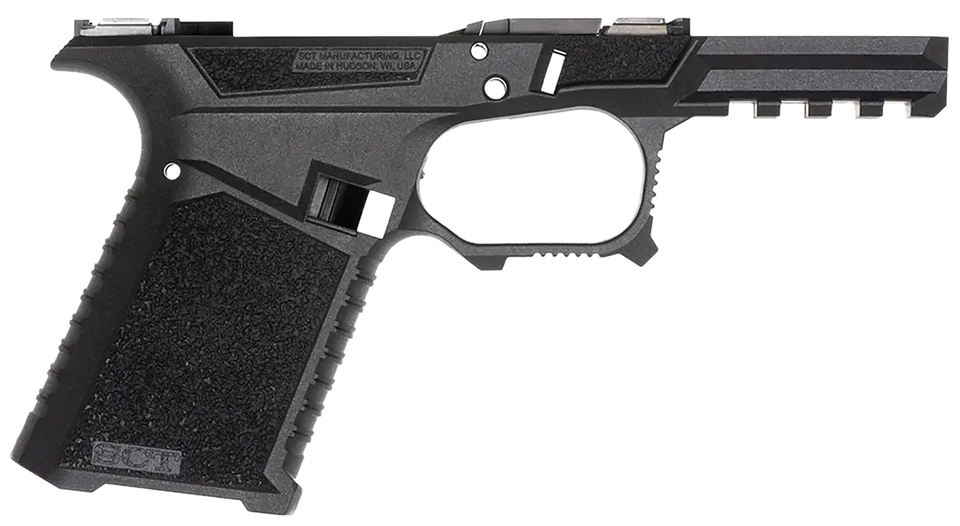 SCT 19 compact black polymer frame with aggressive texture grip. Gen3 19/23/32 compatible. Includes locking block only. Serialized frame ships to FFL.