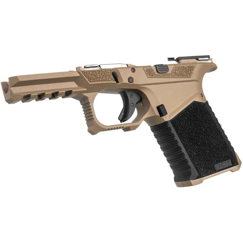 SCT 19 Overmold assembled frame in Flat Dark Earth/Black. Serialized, armorer built, Glock Gen 3 19/23/32 compatible. Made in USA.