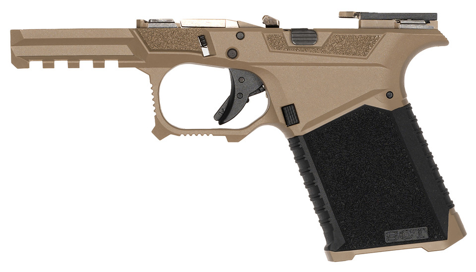 SCT 19 Overmold assembled frame in Flat Dark Earth/Black. Serialized, armorer built, Glock Gen 3 19/23/32 compatible. Made in USA.