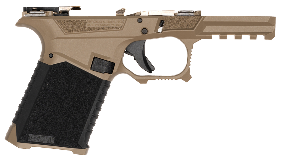 SCT 19 Overmold assembled frame in Flat Dark Earth/Black. Serialized, armorer built, Glock Gen 3 19/23/32 compatible. Made in USA.