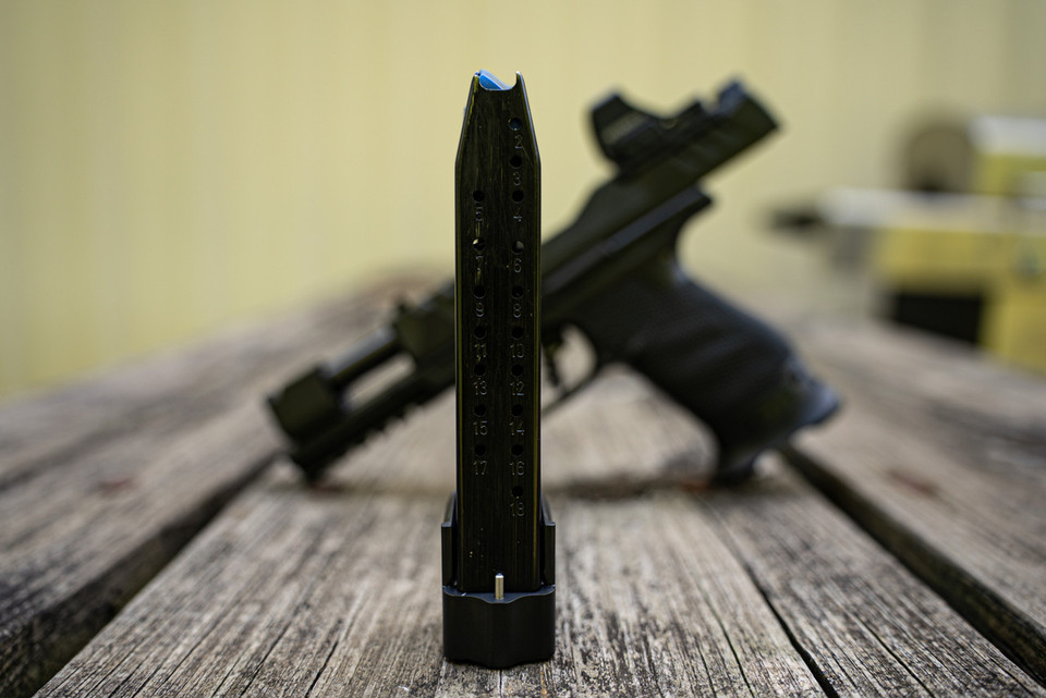 Boost your Walther PDP compact to 22 rounds with the ZR Tactical Solutions +4 Magazine Extension V2. This billet aluminum basepad fits 18-round factory tubes, prevents over-insertion, includes extra power spring, and works with OEM magwell on compact grips. USPSA compliant, durable anodized finish for reliable competition and range use. SKU: PDP-4CP2-BL.
