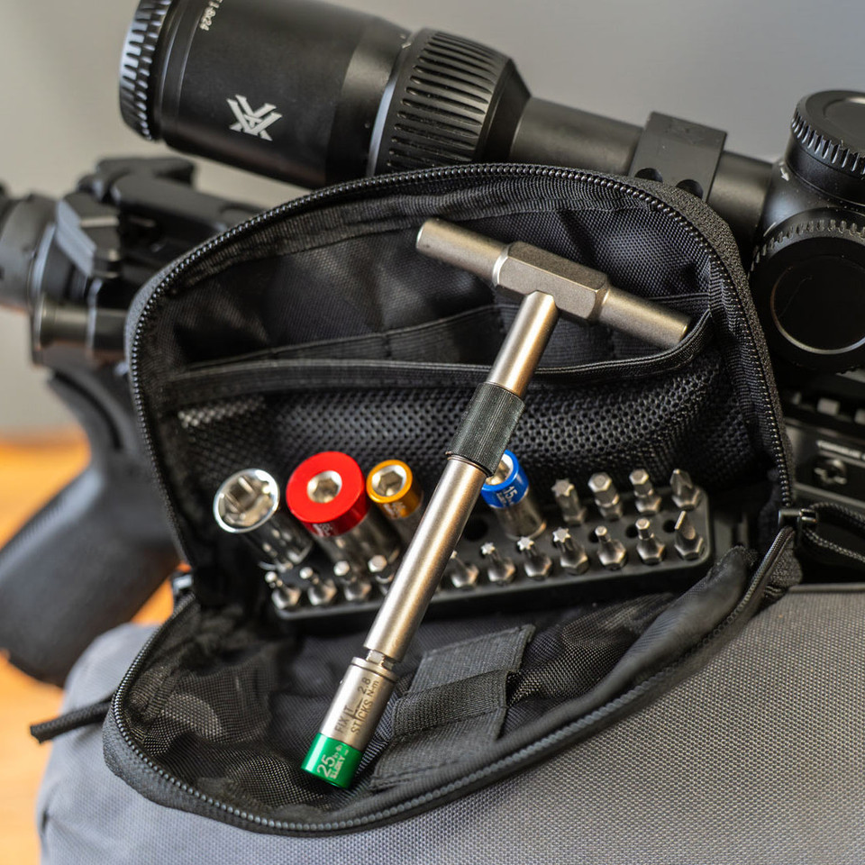 Precision rifle and optics toolkit with torque limiters. Fix It Sticks kit ensures proper torque for scope mounts, action screws, and firearm maintenance.