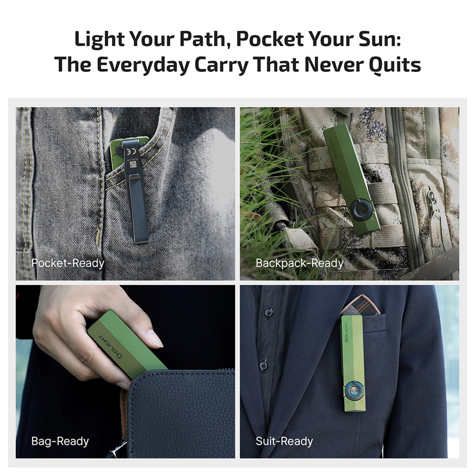 Discover the Olight ArkPro Series flat unibody EDC flashlight with 1500 lumens floodlight, 800 lumens spotlight, UV light, and green beam. Slim pocket-sized design with USB-C and magnetic charging. Perfect for everyday carry, outdoor use, work, and emergencies.