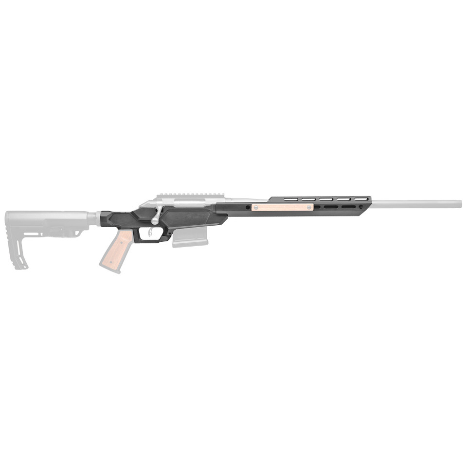 Sharps Bros Heatseeker chassis for Remington 700 Short Action rifles, matte black aluminum with AICS magazine compatibility.