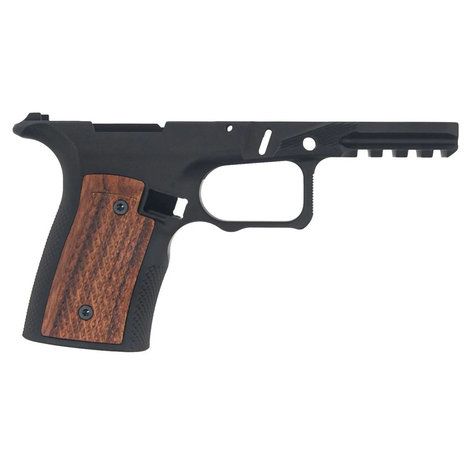 Sharps Bros Ruger RXM aluminum grip frame in black with Brazilian Cherry wood panels and steep grip angle.