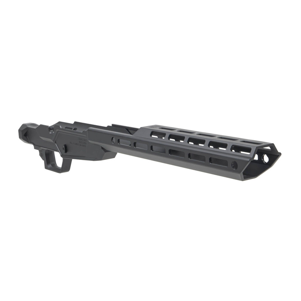 Sharps Bros Heatseeker chassis for Ruger American Ranch rifles using AR-15 magazines, black Cerakote aluminum with 14-inch handguard.