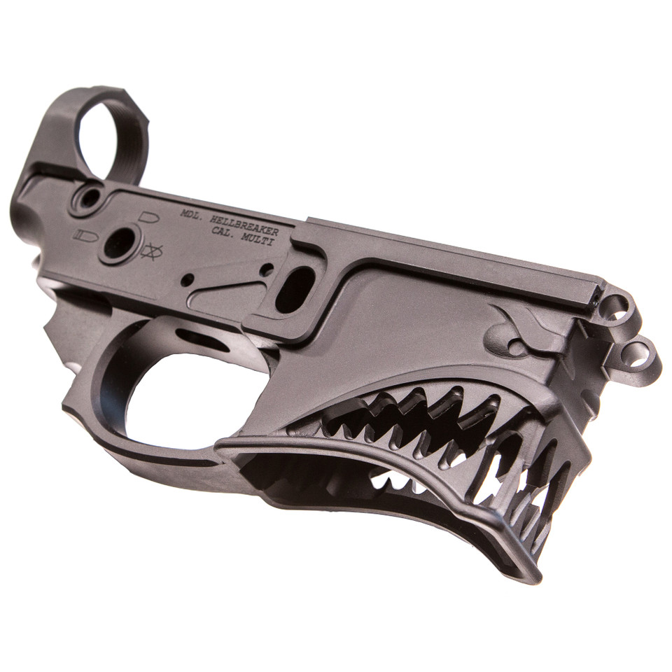 Sharps Bros Gen 2 Hellbreaker billet AR15 lower receiver with P-40 Warhawk inspired shark mouth design and black finish.