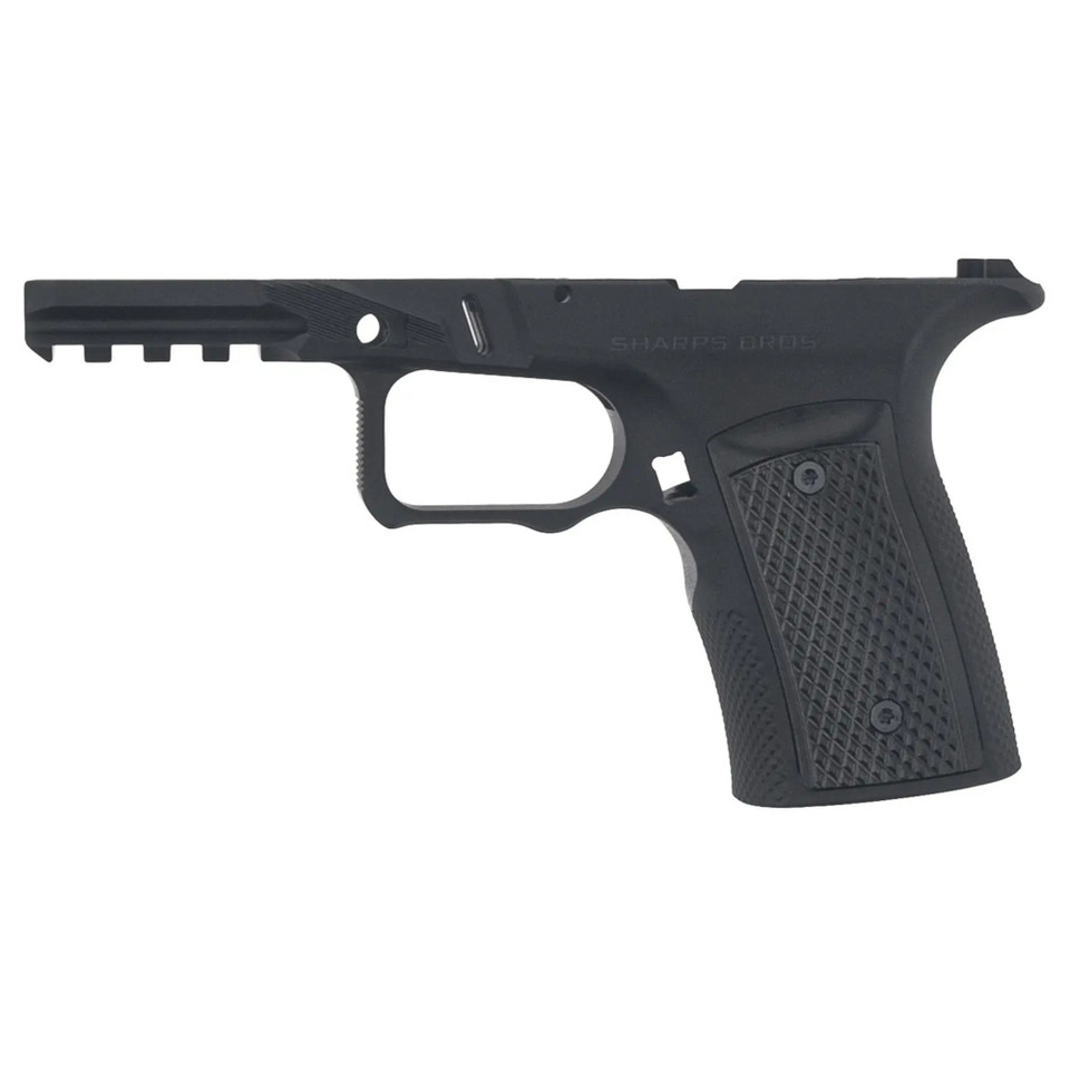 Sharps Bros Ruger RXM black aluminum grip frame featuring a steep grip angle and integrated thumb ledges for recoil control.