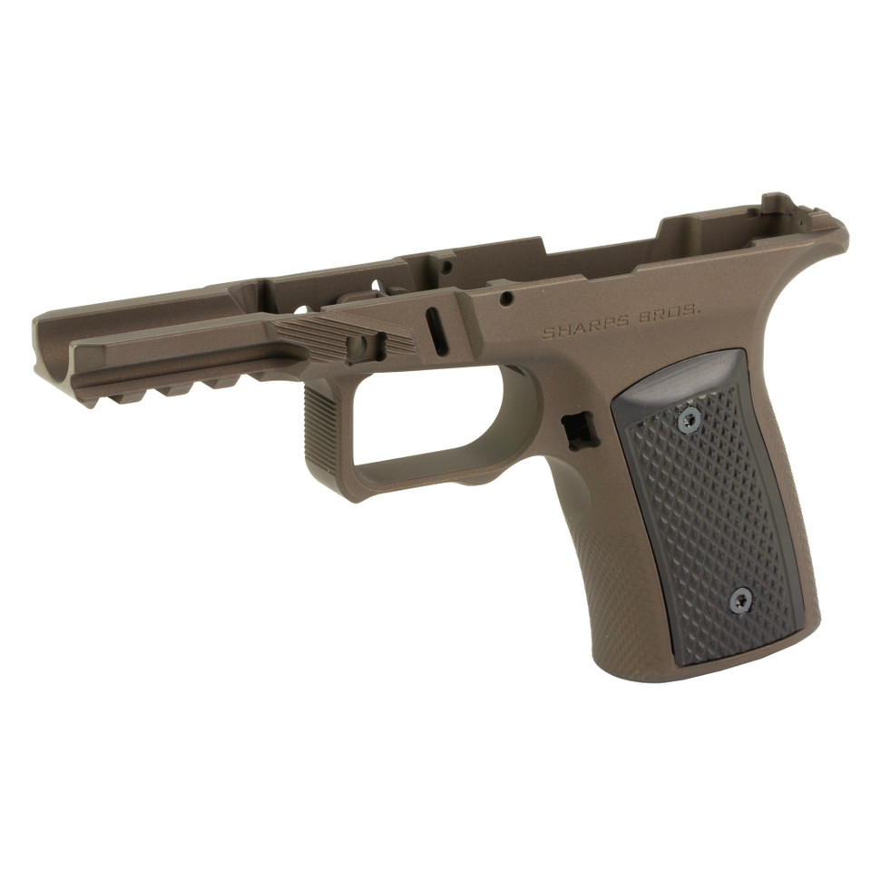 Sharps Bros Ruger RXM aluminum grip frame in Bronze Cerakote with black panels and integrated thumb ledges.