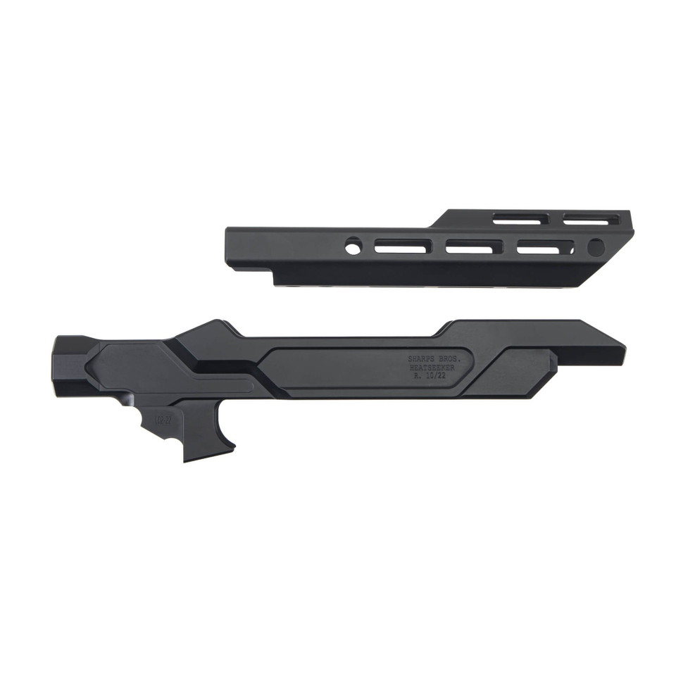 Sharps Bros Heatseeker chassis for Ruger 10/22, matte black aluminum with 9-inch M-LOK handguard and AR buffer interface.