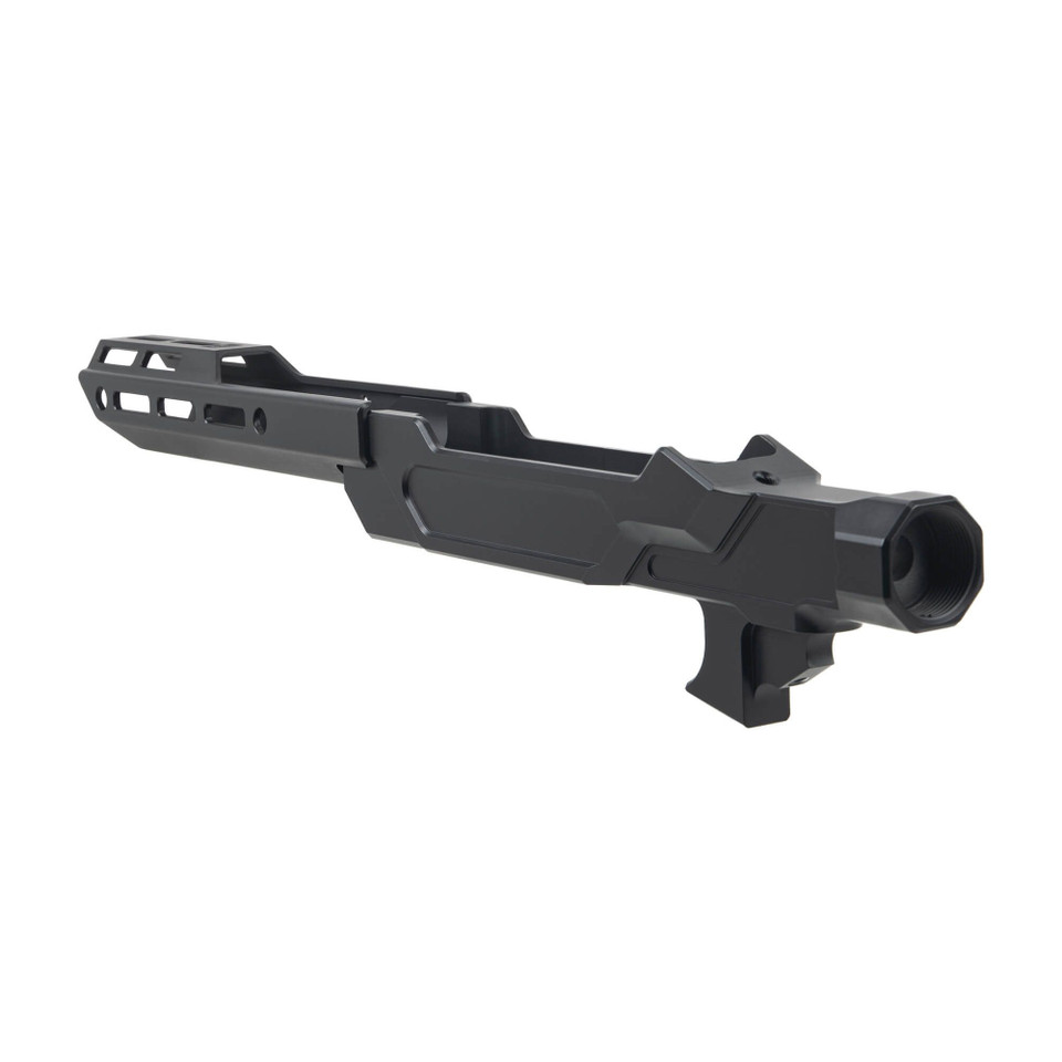 Sharps Bros Heatseeker chassis for Ruger 10/22, matte black aluminum with 9-inch M-LOK handguard and AR buffer interface.