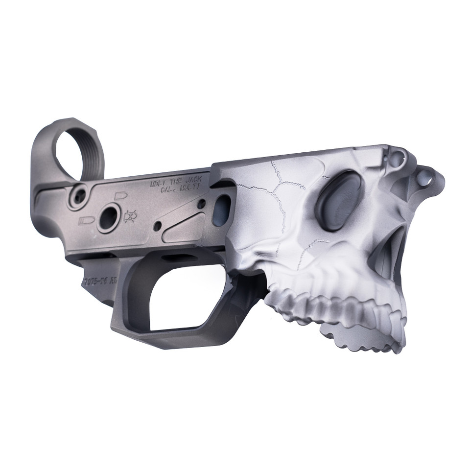 Sharps Bros The Jack Gen2 Badlands Edition stripped lower receiver, black 7075-T6 aluminum with skull-inspired design.