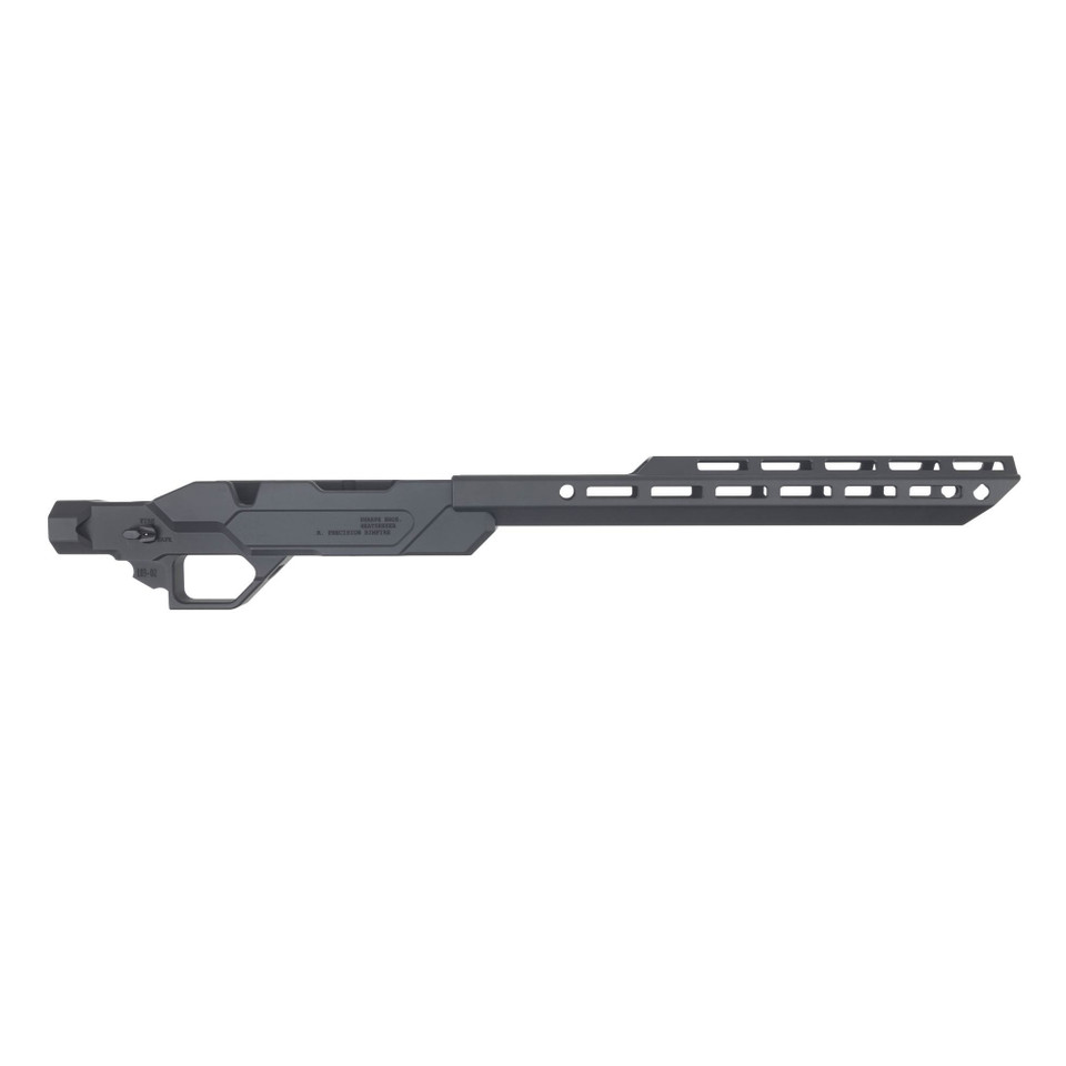 Sharps Bros Heatseeker chassis for Ruger Precision Rimfire, black billet aluminum with M-LOK handguard and AR15 grip interface.