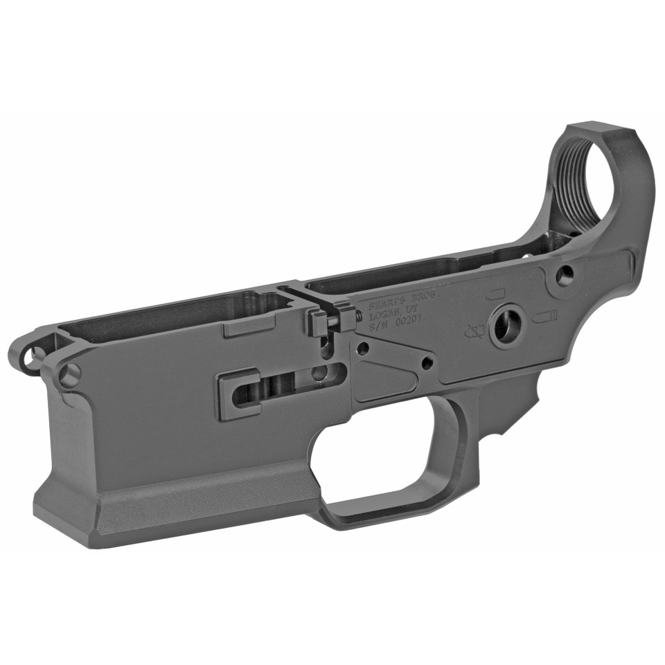 Sharps Bros Livewire forged AR15 lower receiver with ambidextrous bolt release and heavily flared magazine well in black.