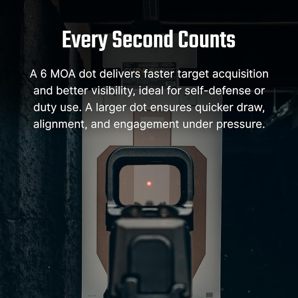 Osight K micro red dot sight with 6 MOA dot, RMSc footprint, motion sensor activation, and side-loading battery. Lightweight optic for concealed carry pistols.