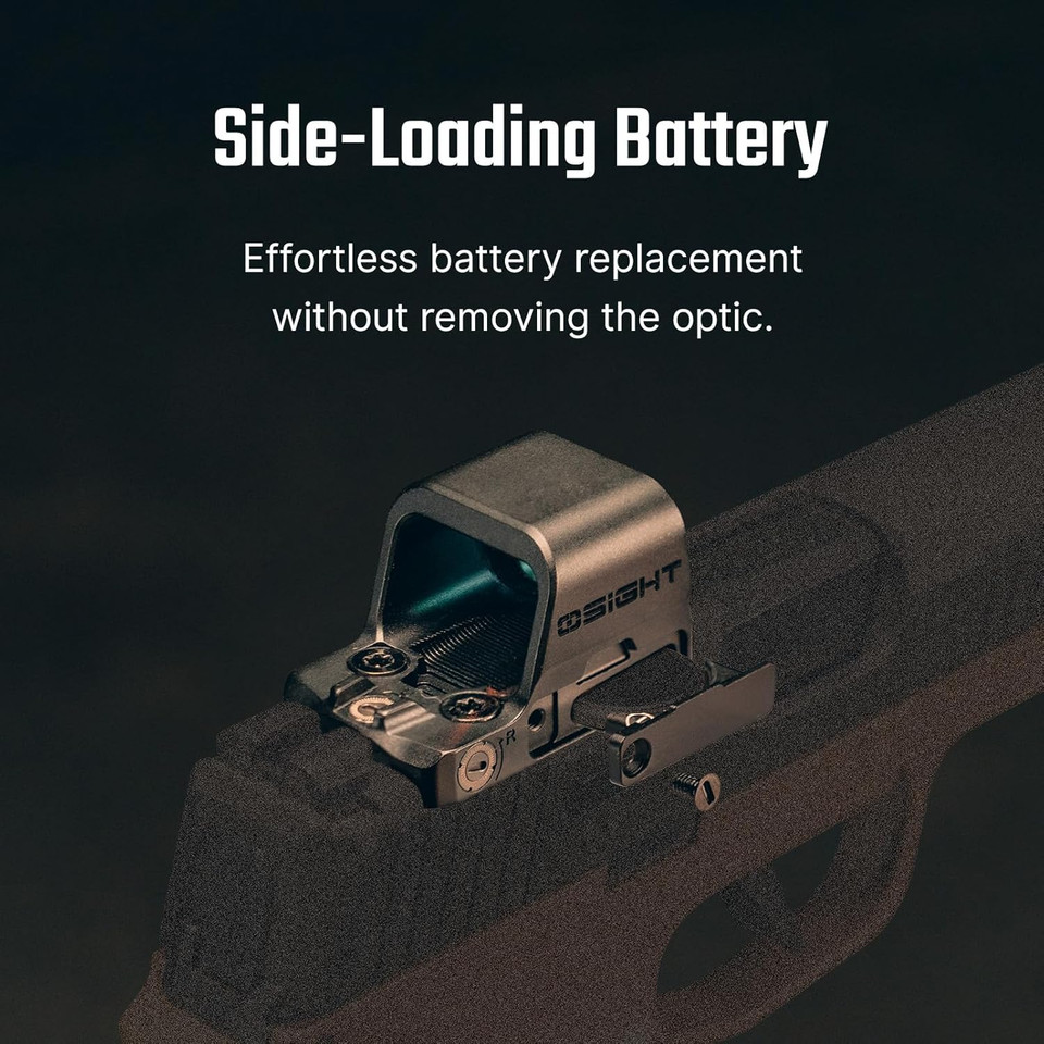 Osight K micro red dot sight with 6 MOA dot, RMSc footprint, motion sensor activation, and side-loading battery. Lightweight optic for concealed carry pistols.