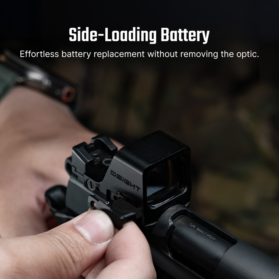 Osight C open green dot sight with 3 MOA dot and 32 MOA circle, multi-reticle system, side-loading battery, and RMR footprint. Fast, clear optic for pistols.