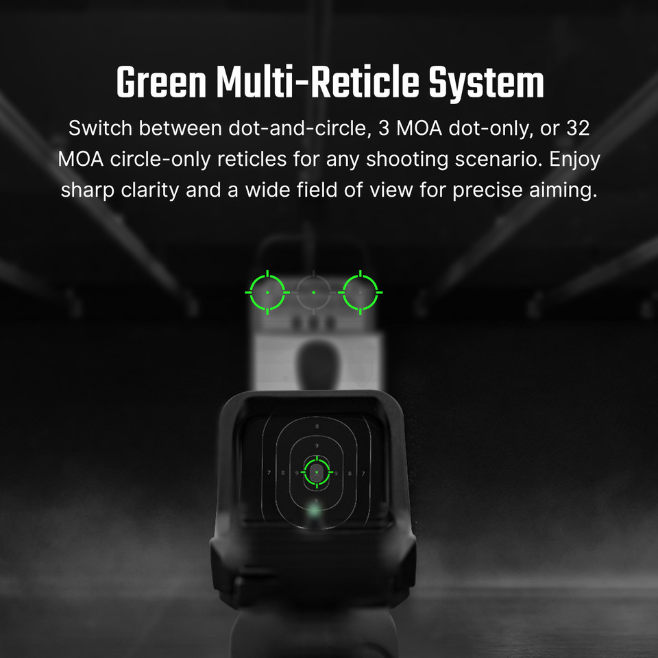 Osight C open green dot sight with 3 MOA dot and 32 MOA circle, multi-reticle system, side-loading battery, and RMR footprint. Fast, clear optic for pistols.