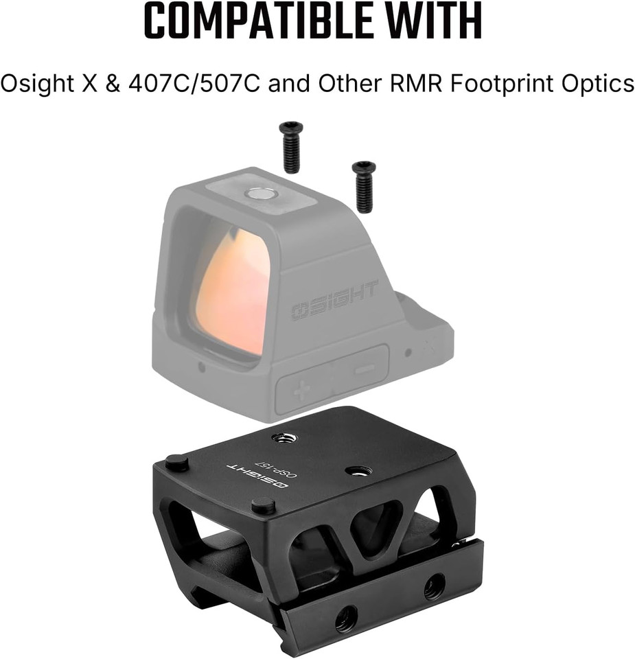 Osight OSP-157 Picatinny mount with 1.57 inch height for RMR footprint optics. Durable 7075 aluminum mount with lower 1/3 co-witness for AR platforms.