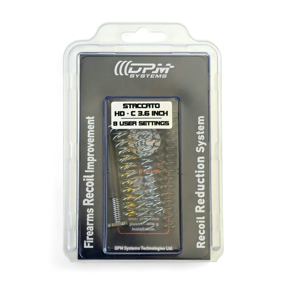 Upgrade your Staccato HD C 3.6" or HD C4X bull barrel with the DPM Mechanical Recoil Reduction System. Experience significant recoil reduction, faster follow-up shots, improved accuracy, and enhanced slide protection. Multiple spring options for perfect tuning. Drop-in installation with OEM plug required. Lifetime warranty. Ideal for concealed carry and competitive 9mm shooting.