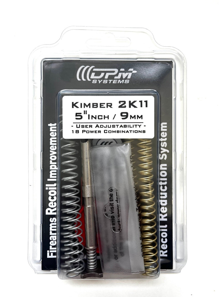 Upgrade your Kimber 2K11 5" bull barrel 9mm with the DPM Mechanical Recoil Reduction System featuring 18 user settings. Drop-in design with two spring sets and spacers reduces recoil, speeds follow-ups, and improves accuracy. OEM spring plug required. Lifetime warranty. Shop at Terran Gear USA
