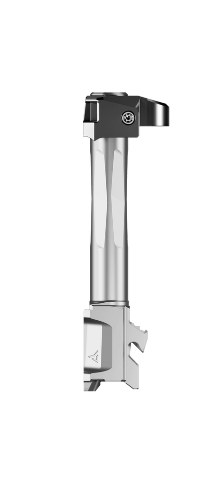 Radian Weapons RAMJET fluted barrel and AFTERBURNER combo in Black/Gray Radianite finish for Glock 19 Gen 5, Glock 45, and Glock 19X. Achieve up to 44 percent recoil reduction with easy INTRA-LOK installation and G17 holster compatibility. Threadless design is legal in all 50 states. Shop now at Terran Gear USA.