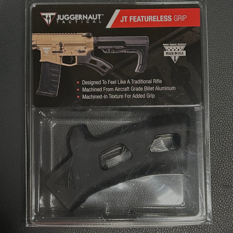 California compliant AR-15 featureless grip by Juggernaut Tactical. Includes billet end plate for improved comfort and control.