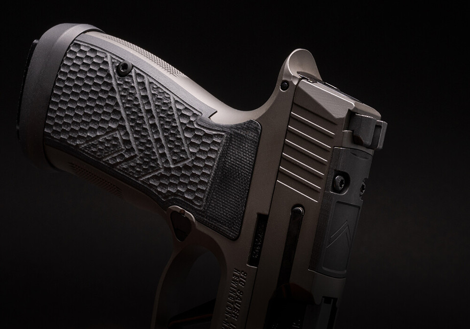 Sig Sauer P365-AXG Legion Comp 9mm CA compliant pistol with alloy grip, integrated compensator, and optics-ready slide for superior control.