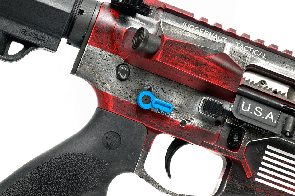 Juggernaut Tactical ambidextrous AR safety selector with adjustable lever angles, 45° or 90° throw options, and Hellfighter compatibility.