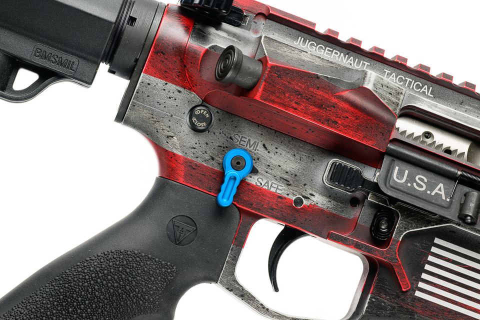 Juggernaut Tactical ambidextrous AR safety selector with adjustable lever angles, 45° or 90° throw options, and Hellfighter compatibility.