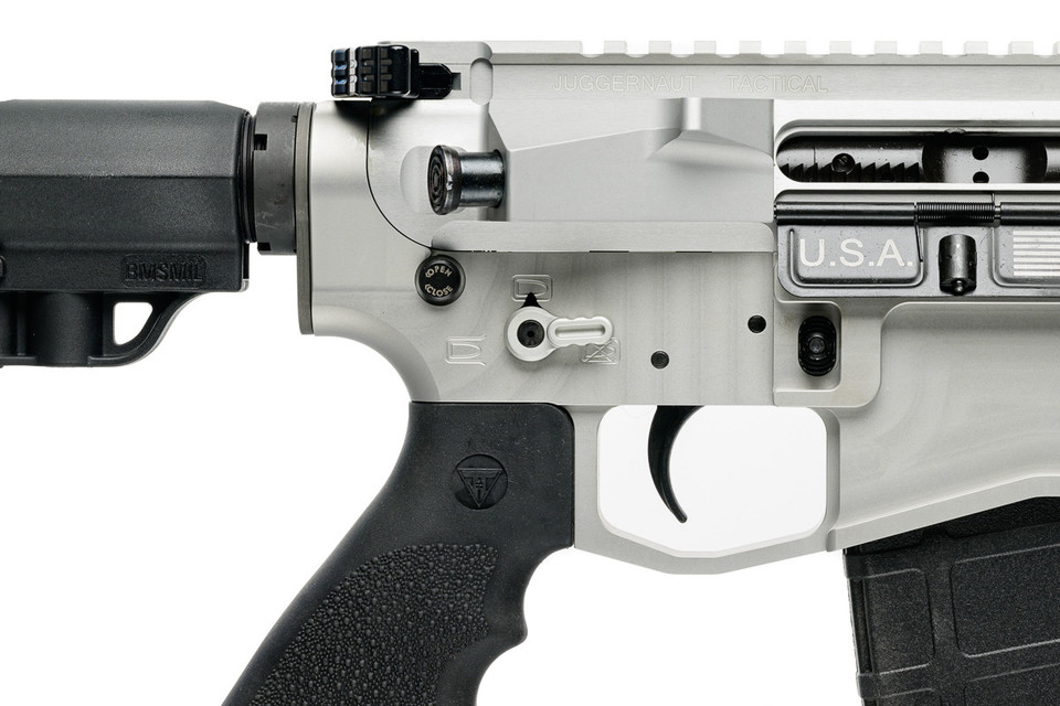 Juggernaut Tactical ambidextrous AR safety selector with adjustable lever angles, 45° or 90° throw options, and Hellfighter compatibility.