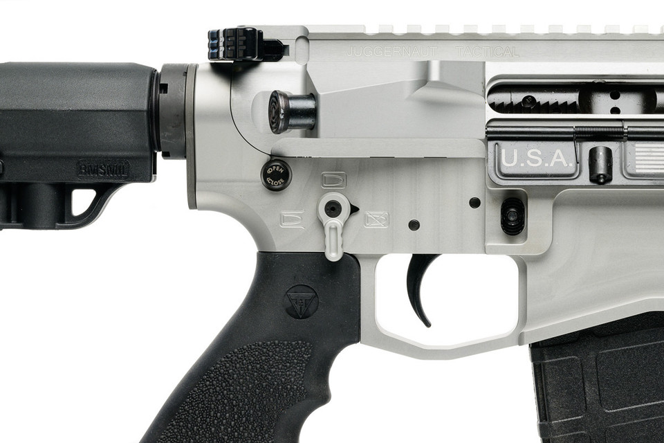Juggernaut Tactical ambidextrous AR safety selector with adjustable lever angles, 45° or 90° throw options, and Hellfighter compatibility.