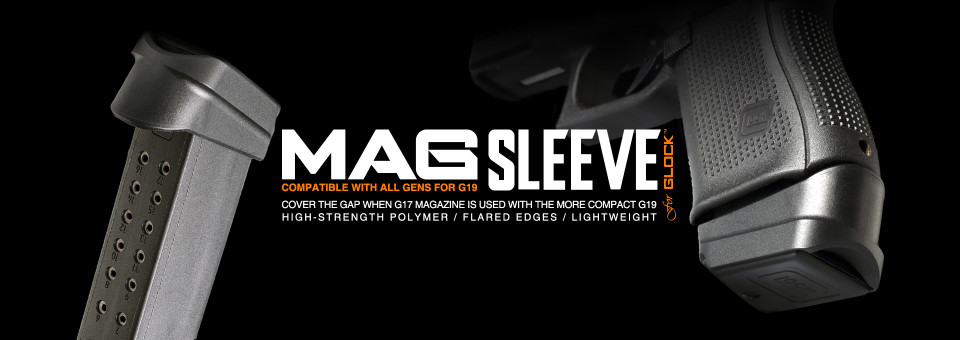 Upgrade your Glock 19 with the Strike Industries Mag Sleeve. Eliminates the G17 magazine gap for improved ergonomics, control, and reloads.