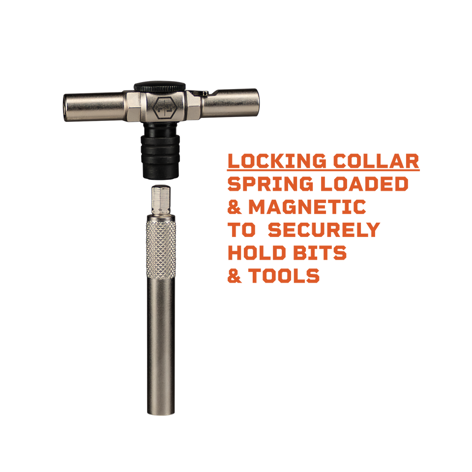Fix It Sticks Ratcheting T-Way Wrench with Locking Hex Drive features secure 1/4-inch bit retention, ratcheting action, and cleaning rod compatibility.