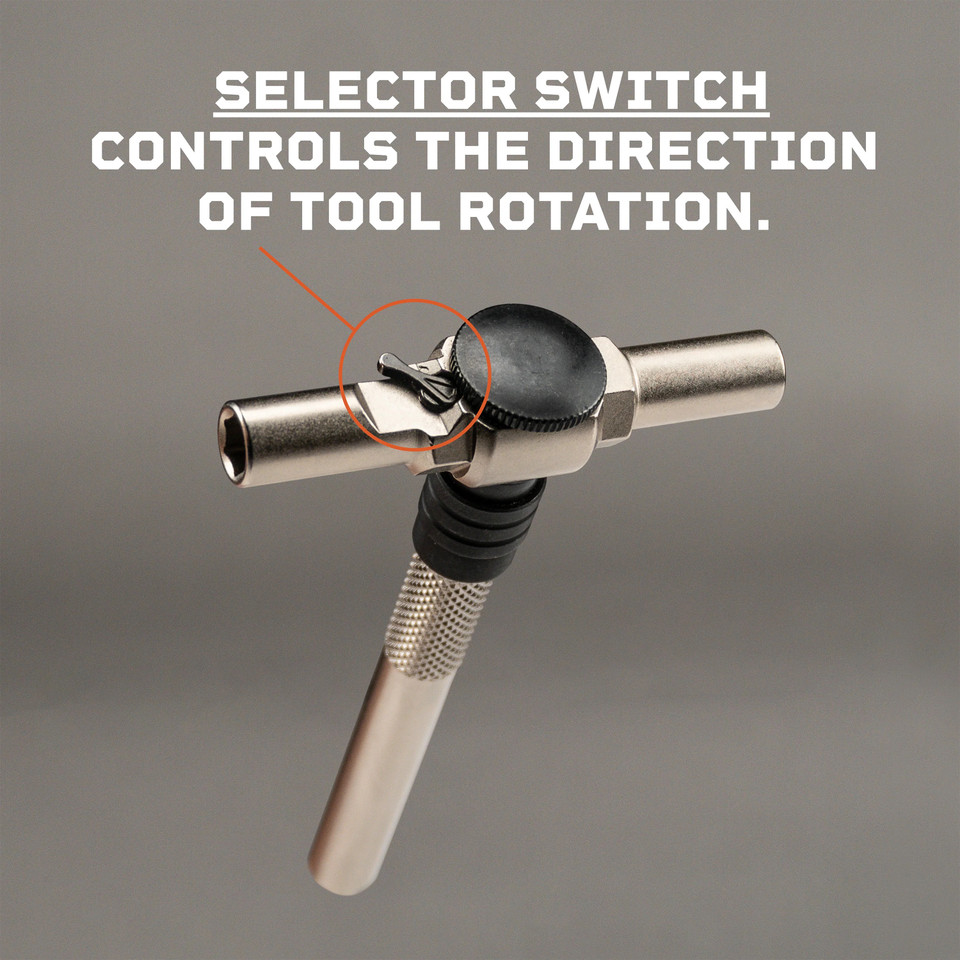 Fix It Sticks Ratcheting T-Way Wrench with Locking Hex Drive features secure 1/4-inch bit retention, ratcheting action, and cleaning rod compatibility.