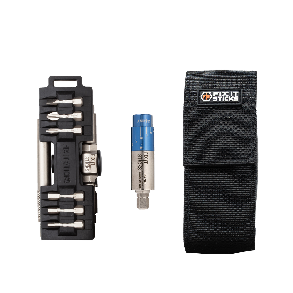 Fix It Sticks Compact Ratcheting Multi-Tool includes a locking T-way wrench, 6–25 in-lb torque driver, 16 bits, and belt pouch for precision maintenance.