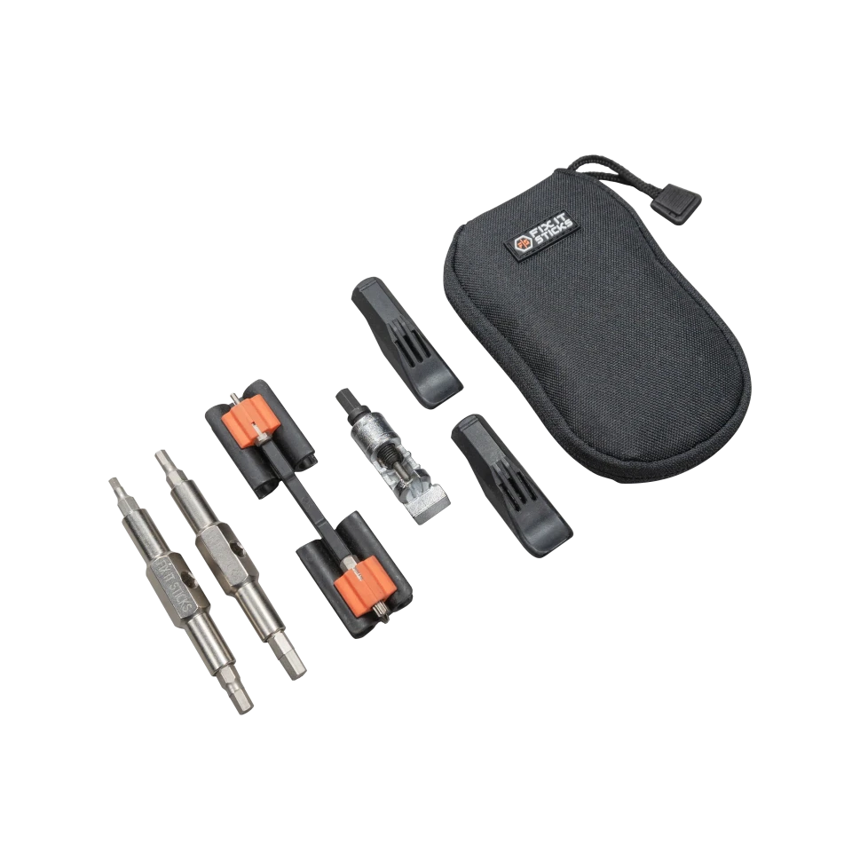 Fix It Sticks Mountain Kit includes a modular T-handle driver, Hex and Torx bits, tire levers, chain breaker, and carrying case for trail repairs.