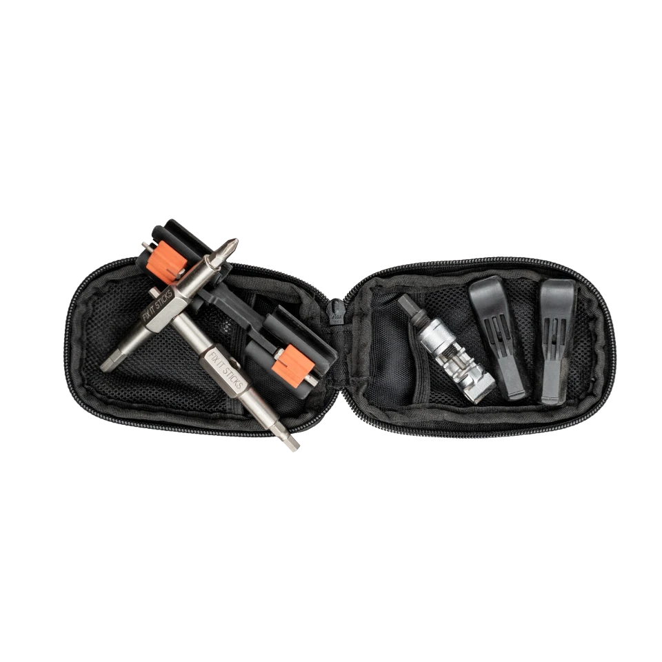 Fix It Sticks Mountain Kit includes a modular T-handle driver, Hex and Torx bits, tire levers, chain breaker, and carrying case for trail repairs.