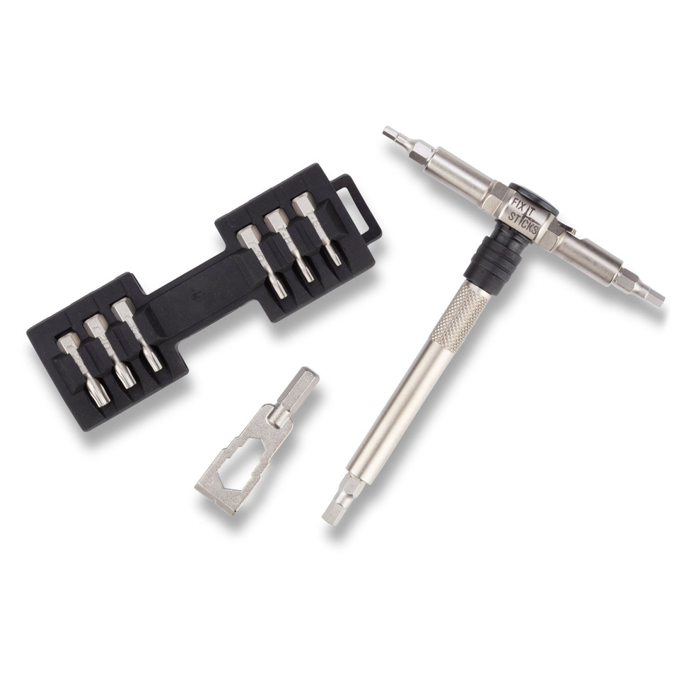 Fix It Sticks Compact Ratcheting Multi-Tool features a locking T-Way wrench, Mini Pry Bar, and 15 precision bits for firearm maintenance and repairs.