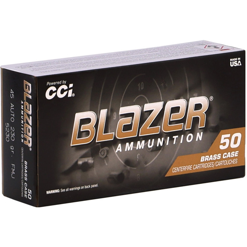 CCI Blazer Brass .45 ACP 230 Grain FMJ ammo delivers reliable performance, reloadable brass cases, and consistent accuracy for range training.