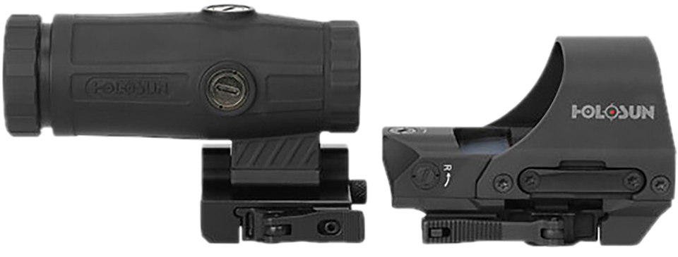 Holosun HE510C-GR and HM3X combo with green circle-dot reticle, Solar Failsafe, Shake Awake, and 3X magnifier for fast target engagement.