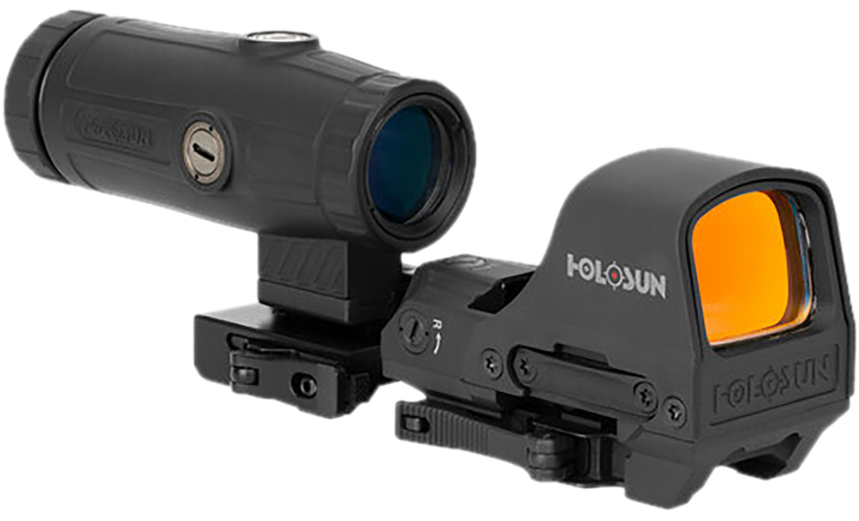 Holosun HE510C-GR and HM3X combo with green circle-dot reticle, Solar Failsafe, Shake Awake, and 3X magnifier for fast target engagement.